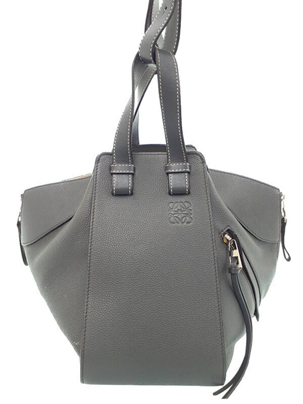 Loewe gray grained calfskin Hammock Bag dual top handles embossed logo